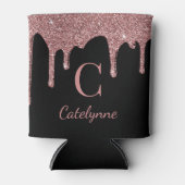 Zwarte Roos Gouden Glitterdruppels Monogram Blikjeskoeler (Voorkant)