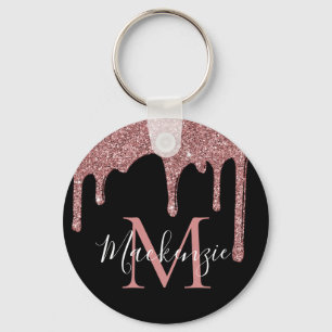 Zwarte Roos Gouden Nep Glitter Druppels Monogram Sleutelhanger