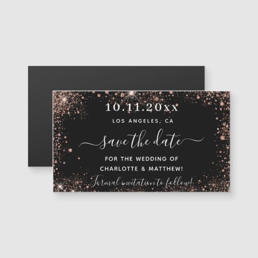 Zwarte roos gouden trouw save the date magneet (Voorkant / Achterkant)