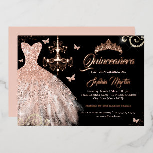 Zwarte Roos Gouden Vlinder Tiara Jurk Quinceanera Folie Uitnodiging
