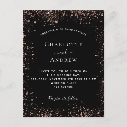 Zwarte roos goudglitter elegant bruiloft uitnodiging briefkaart (Voorkant)