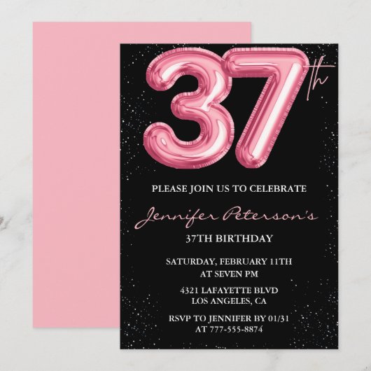 Zwarte Roze 37ste verjaardagsuitnodigingen Ballon Kaart (Voorkant / Achterkant)