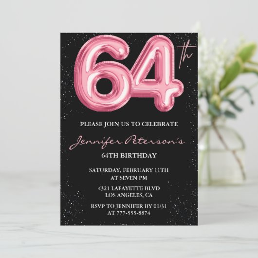 Zwarte Roze Ballon Glam Glitter 64e verjaardag Kaart (Staand voorkant)