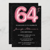 Zwarte Roze Ballon Glam Glitter 64e verjaardag Kaart (Voorkant / Achterkant)