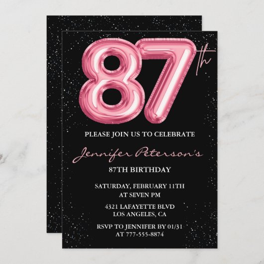 Zwarte Roze Ballon Glam Glitter 87e verjaardag Kaart (Voorkant / Achterkant)