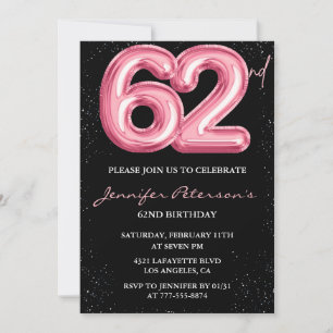 Zwarte Roze Ballon Glam Glitters 62e verjaardag Kaart