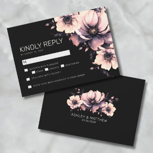 Zwarte Roze Bloem Bruiloft RSVP Kaart Notitiekaartje