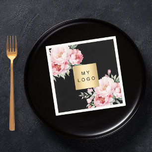 Zwarte roze bloemen business logo servet
