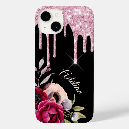 Zwarte roze bloemen glitter druppelt naam op Case-Mate iPhone case (Achterkant)
