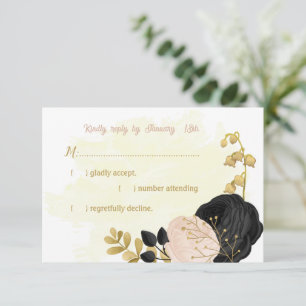 zwarte roze bloemen goudbotanische bruiloft RSVP Kaartje