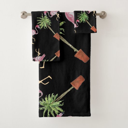 Zwarte roze flamingo Flamingos Palm Tree Bath Bad Handdoek (Insitu)