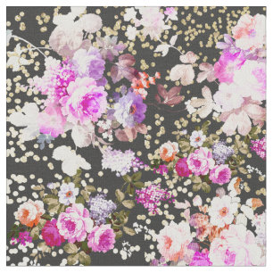 zwarte roze florale goudconfetti stof