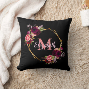 Zwarte roze floralen goud geometrische monogram na kussen