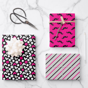Zwarte Roze Geometrie Snor Strepen Inpakpapier Vel