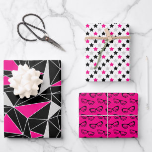 Zwarte Roze Geometrie Sterren Bril Inpakpapier Vel