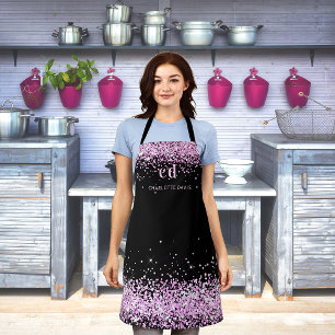 Zwarte roze glitter monogram initiaal naam schort