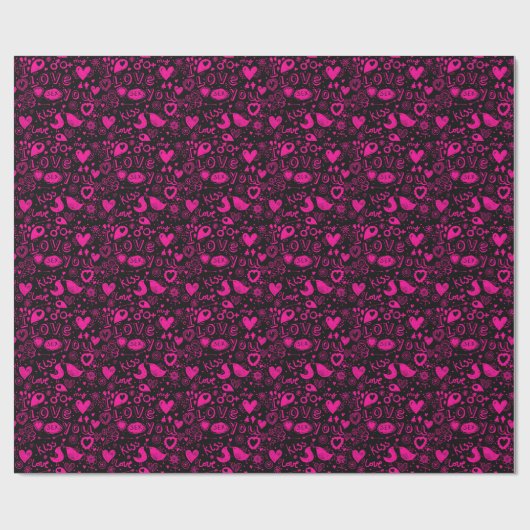 Zwarte & Roze Harten, Vogels, Cupido, Kus Liefde Cadeaupapier (Vlak)