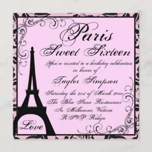 Zwarte & Roze Paris Sweet16 Verjaardagsuitnodiging Kaart