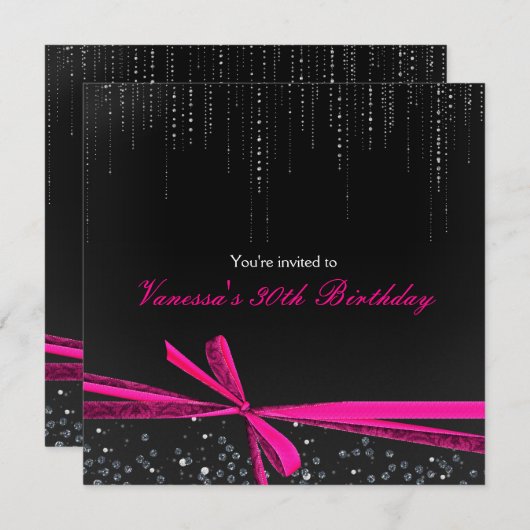 Zwarte Roze Ribbon Bow Rhinestone Party Uitnodigin Kaart (Voorkant / Achterkant)