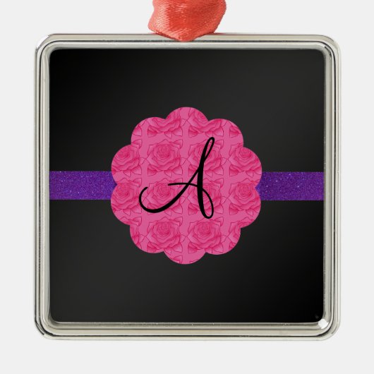 Zwarte roze roze monogram metalen ornament (Voorkant)