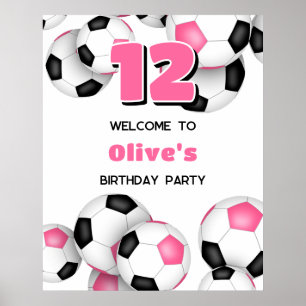 Zwarte roze voetballen meisjes verjaardagsfeestje poster