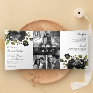 Zwarte Rozen Bloemen Fotocollage Witte Bruiloft Drieluik Uitnodiging