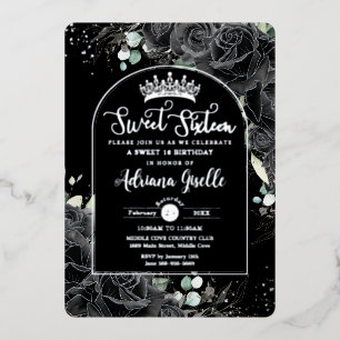 Zwarte Rozen Bloemen Zwart Zilver Zoet 16 Verjaard Folie Uitnodiging