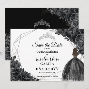 Zwarte Rozen Floral Dress XV 15 Silver Quinceañera Save The Date