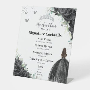 Zwarte Rozen Floral Quinceañera Cocktails Bar Menu Reclamebord Met Voetstuk