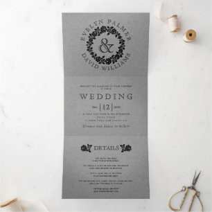  zwarte rozen grijs kraftkarton bruiloft drieluik uitnodiging