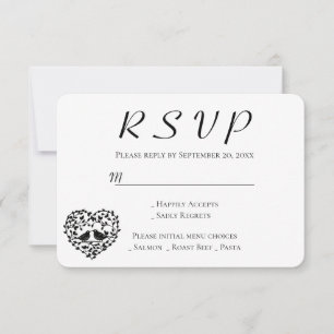 Zwarte RSVP kaart Liefdesvogels Bruiloft Bloemhart