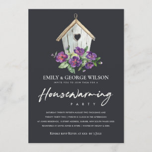 ZWARTE RUSTIC FLORAL BIRD HUUSE HOUSEWARMING PARTI KAART