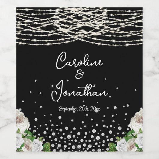 Zwarte Rustieke Witte Rozen String Lights Wedding Wijn Etiket (Enkel label)