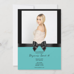 Zwarte Satijnen Strik Teal Turquoise Foto Sweet 16 Kaart
