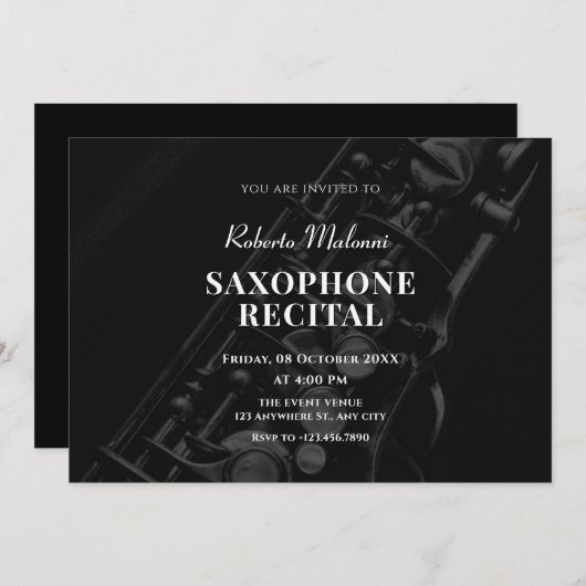 Zwarte saxofoon jazz muziek recital Uitnodiging (Voorkant / Achterkant)