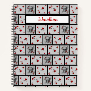 Zwarte schedel en rode rozen Gepatterd Notitieboek