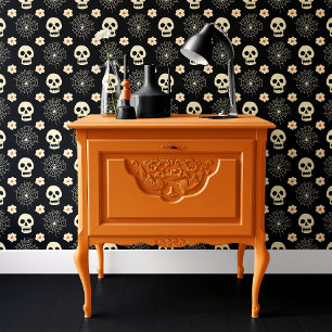 Zwarte Schedel en Spinnenweb Bloemige Halloween Behang
