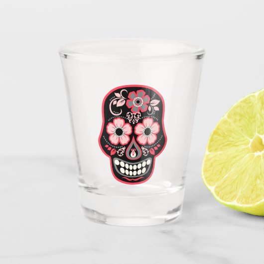 Zwarte schedel met bloemen shot glas (Voorkant)