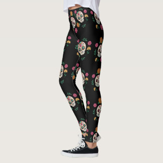 Zwarte Schedels en Bloemen van de Dag van de Doden Leggings