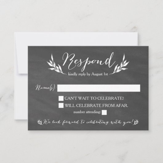 Zwarte schoolbord bloem bruiloft RSVP kaart (Voorkant)