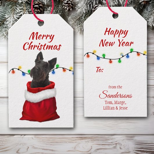 Zwarte Schotse Terrier in Santa Bag Cadeaulabel
