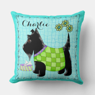 Zwarte Scottie Dog Name Personalize Turquoise Kussen