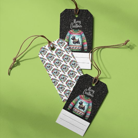 Zwarte Scotty Dog Lelijke Kersttrui Cadeaulabel