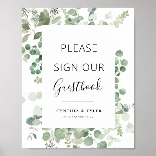 zwarte script groene eucalyptus trouwgastenboek poster (Voorkant)
