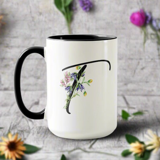 Zwarte Script Letter "T" Kleurrijke Wildflowers Mok
