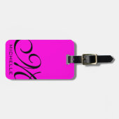 Zwarte Script Monogram Roze Bagagelabel (Voorkant horizontaal)
