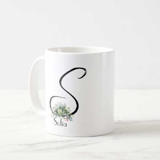 Zwarte script waterverf wildbloemen koffie mok (Voorkant links)