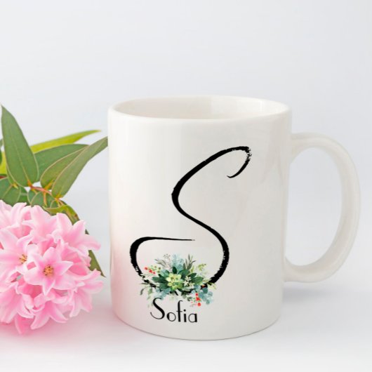 Zwarte script waterverf wildbloemen koffie mok