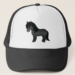 Zwarte Shetlandpony Schattige Cartoon Illustratie Trucker Pet
