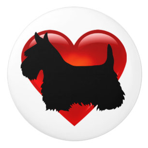 Zwarte silhouet van de Schotse Terrier met rode bo Keramische Knop